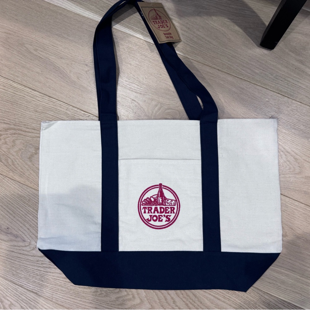 Trader Joe's Cream and Navy Canvas Tote Bag
